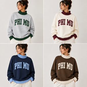 เสื้อสเวตเชิ้ตโอเวอร์ไซส์สำหรับผู้หญิง แบรนด์ Phi Mu สีมารูน แต่งลายจุด คอเต่า ผ้าถัก คอตตอน ระบายอากาศได้ดี เหมาะสำหรับใส่ในฤดูหนาว ปักลาย - Product Image 6