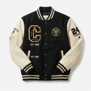 Veste universitaire streetwear personnalisée avec logo OEM, manches en cuir PU, mélange de laine, haute qualité, style rétro, vêtement d'extérieur type Letterman - Product Image 1