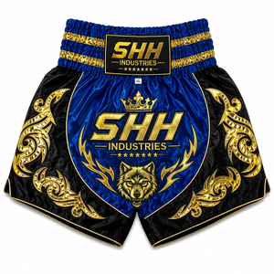 กางเกงมวยไทย SHH แบบสั่งทำพิเศษสำหรับผู้ชาย ผ้าซาตินพรีเมียม สำหรับชกมวยคิกบ็อกซิ่ง  พร้อมปักโลโก้ส่วนตัว ชุดฝึกซ้อมศิลปะการต่อสู้สำหรับผู้ใหญ่ - Product Image 1