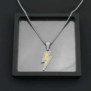 Lightning Pendant Necklace <b>Iced</b> <b>Out</b> Cubic Zirconia Stainless Steel <b>Chain</b> Unisex Hip Hop Jewelry Gift - Product Image 2