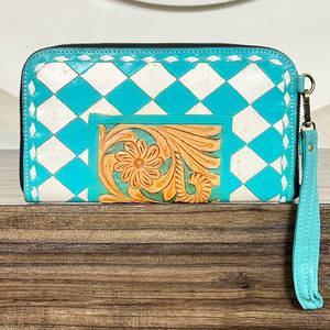 New Arrival Diamond Pattern Western Floral <b>Women</b> <b>Clutches</b> Hand Tooled Genuine Leather RFID Card Holder Wristlet Evening Wallet - Product Image 5