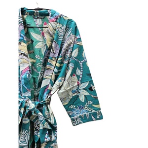 Peignoir Kimono en Voile de Coton 100% Élégant Femme Vert Imprimé Floral Décontracté Eté Vêtements de Plage Beige Taille Élastique Thermique Lisse - Product Image 3