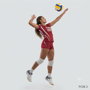 Uniforme de Voleibol Sublimado Personalizado para Mujer, Rojo, Blanco y Dorado, Transpirable, de Poliéster, Conjunto de Camiseta y Pantalones Cortos para Equipo, Pose 2 - Product Image 1