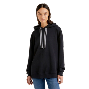 Sweat-shirt à capuche noir pour femme, à épaules tombantes, manches longues, en molleton, uni, décontracté - Product Image 1