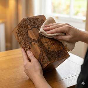 Urne funéraire en bois rectangulaire gravée motif Arbre de Vie et Cœur, boîte commémorative artisanale pour cendres, décoration religieuse pour la maison - Product Image 2