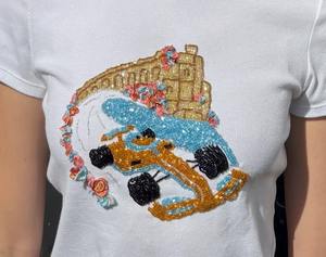 Top corto de algodón blanco con diseño único, bordado con cuentas y lazo rosa, para mujer, ropa informal de verano. - Product Image 6