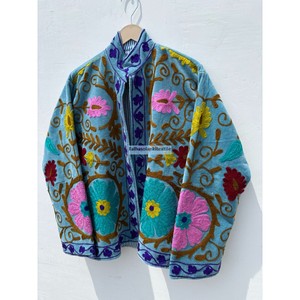 Veste en velours brodée Suzani pour femme, col mandarin, manches longues, motif floral, doublure en coton, manteau de printemps - Product Image 4
