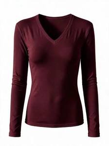 Classic Soft Fabric Everyday Shirt Premium Lightweight Daily <b>Top</b> Ladies Fashionable Basic Cotton Tshirt V Neck <b>Long</b> <b>Sleeve</b> - Product Image 3