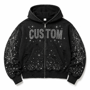 Sudadera con capucha de alta calidad con cremallera, lavado ácido, corte holgado, peso pesado, personalizada, con pedrería completa y efecto desgastado para hombre - Product Image 2