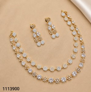 Gold Plated Women's <b>Necklace</b> and Earring Set with Pink Crystal and Rhinestone Flower Design for Wedding Romantic Jewelry - Product Image 3