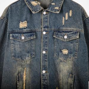OEM Custom Men's Street Style Denim <b>Jacket</b> Vintage Distressed Shredded Acid Wash Jean Coat with Button Stone Washed for Men - Product Image 3