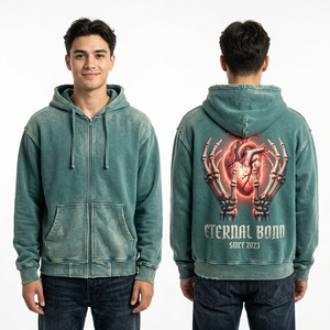 เสื้อฮู้ดซิปสีเขียวเซจลายกราฟิกหัวใจโครงกระดูก Eternal Bond พิมพ์ลายด้านหลัง สไตล์วินเทจสำหรับผู้ชาย เสื้อผ้าสตรีทแวร์ - Product Image 1