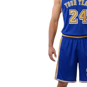 Conjunto de uniforme de baloncesto personalizado para hombre, camiseta sin mangas con cuello en V, estampado con nombre y número, pantalones cortos con paneles laterales en contraste, secado rápido y transpirable - Product Image 5