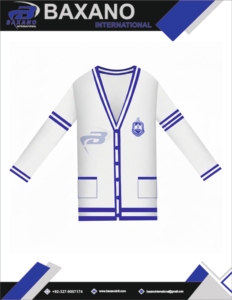 เสื้อคาร์ดิแกนไหมพรมอะคริลิคคอวีทรงยาวของชมรมเดลต้า ซิกมา ทีต้า (DST) สีน้ำเงินรอยัล แต่งสีขาว พร้อมลวดลายเสื้อชิคาโก - Product Image 4