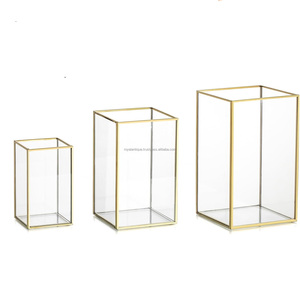 <b>Set</b> of Three <b>Square</b> Gold Metal and Glass Votive Candle Holders Indian Wedding Decorations for Home Use - Product Image 4