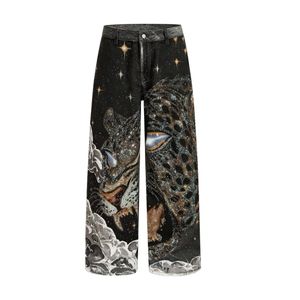 Pantalones Vaqueros Anchos Y2K Personalizados para Hombre con Gráfico de Pantera, Brillantes con Pedrería, Estampado por Sublimación, Estilo Baggy, Vaqueros Holgados de Streetwear - Product Image 1