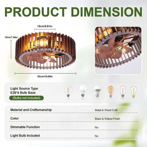 Ventilatore da soffitto in legno da 42 pollici con luce e telecomando, ventilatore a gabbia da 20 pollici a montaggio a incasso stile rustico, motore AC reversibile a 6 velocità - Product Image 2
