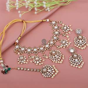 Vidhi Polki Bridal Designer Necklace Set-24K Gold Plated Platinum with Zircon and Pearl - Product Image 2