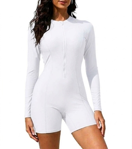 Adults <b>Women</b> Long Sleeve Zip Front <b>Rash</b> <b>Guard</b> Bodysuit White Solid Shorts Romper - Product Image 1