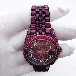 Montre de luxe rose sertie de diamants pour femme – Montre bracelet à cadran romain style diamant – Montre tendance en cristal noir et violet – Cadeau - Product Image 6