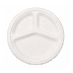 Bandeja Redonda Desechable de 9 Pulgadas con 3 Compartimentos de Bagazo de Caña de Azúcar para Catering, Comida para Llevar, Bodas y Fiestas, Ligera - Product Image 1