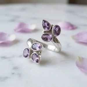925 Sterling Silver Amethyst Gemstone <b>Ring</b> Set Handmade Jewelry Purple Faceted Stones Leaf Design Elegant <b>Statement</b> <b>Rings</b> - Product Image 3