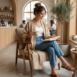 Robe kimono en coton imprimé à la main pour femme, col en V, manches longues, longueur longue, 2 poches avant, cordon de serrage, vêtements de nuit durables - Product Image 2