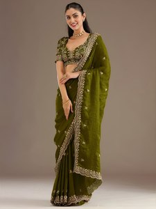 Sari en satin de soie vert brodé avec bordure en sequins et jari dori, élégant pour mariage, fête ou festival - Product Image 5