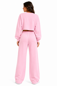 Conjunto de Sudadera Corta Oversize de Cuello Redondo y Pantalones Anchos de Felpa para Mujer, Hombros Caídos, Ajuste Holgado, Estilo Moderno y Personalizado para Otoño - Product Image 2