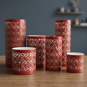 <b>Red</b> Cylinder Metal <b>Candle</b> Holders With White Scroll Cutout Design For Home Decoration - Product Image 3