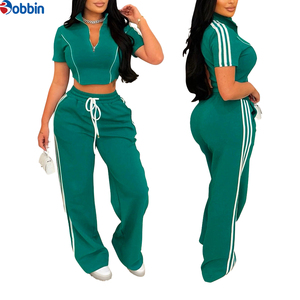 Conjunto de Dos Piezas de Alta Calidad, Pantalones Largos Casuales con Cierre Frontal y Top Corto de Punto con Cuello Alto y Mangas Cortas - Product Image 1