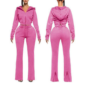 Wholesale Custom Cropped Hooded <b>Zip</b>-<b>Up</b> Acid Wash Tracksuit Set Casual Style Crop <b>Zip</b> <b>Up</b> Hoodie And Flared Pants Sweat Suits Set - Product Image 3