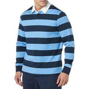 Camiseta de Rugby de Manga Larga a Rayas Azul Marino para Hombre con Cuello Blanco Sublimado, Diseño Totalmente Personalizado - Product Image 1