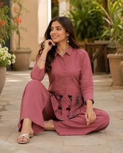 Conjunto de Kurti y Palazzo de Algodón Rosa con Bordado a Mano, Estilo Informal para Mujer, Corte Holgado, Largo hasta el Tobillo, Ropa de Primavera, Estilo India-Pakistán - Product Image 5