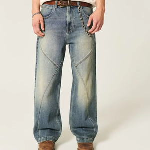 Pantalones vaqueros anchos vintage lavados para hombre, con costuras curvas, estilo baggy, de mezclilla, streetwear, ajuste holgado, azules, informales - Product Image 1