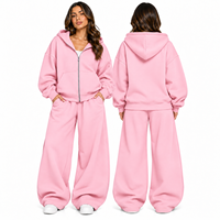 Ensemble survêtement rose à capuche pour femme, pantalon large et sweat-shirt oversize zippé, deux pièces, tenue décontractée streetwear