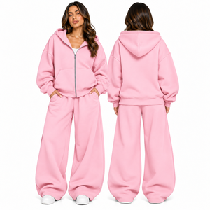 Ensemble survêtement rose à capuche pour femme, pantalon large et sweat-shirt oversize zippé, deux pièces, tenue décontractée streetwear - Product Image 3
