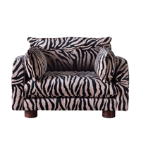 Fauteuil individuel en bois Moontree, style moderne et élégant, avec dossier croisé et revêtement en tissu à motif zèbre, idéal pour salon ou chambre.
