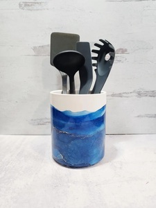 Porte-ustensiles en céramique design, finition glaçure océanique, grès cuit au four, résistant à la chaleur, durable, organisateur de cuisine moderne - Product Image 5