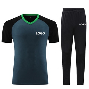 Ensemble de maillot de football pour homme à col en V, manches courtes, polyester respirant, noir et vert, logo imprimé, toutes saisons, coupe classique - Product Image 1