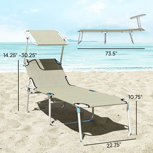 Cream White Outdoor <b>Pool</b> Folding <b>Tanning</b> Lounge Chair with Sun Shade Aluminum Frame and Olefin Cushion for Poolside Use - Product Image 3