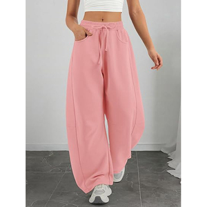 Pantalon de survêtement décontracté pour femme en molleton, taille basse, avec poche plaquée sur le devant, poches latérales, coupe large, cordon de serrage et ourlet ouvert - Product Image 3