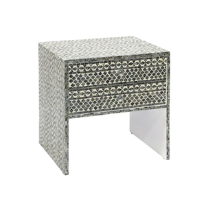 Modern luxury <b>bedside</b> <b>table</b> with <b>green</b> floral vine inlay and handmade two drawer accent Capiz nightstand for bedroom - Product Image 3