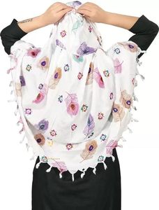 Hiyab Estampado con Plumas de Pavo Real, Bufanda Larga Ligera para Mujer, Uso Diario Informal, Pañuelo Musulmán con Borlas Blancas, 100% Algodón - Product Image 3