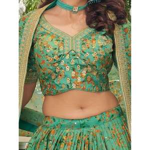 Lehenga Choli en organza imprimé floral vert attrayant, semi-cousu, vêtements Zeel, tenue Mehendi - Product Image 4