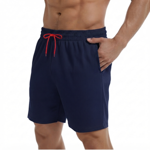Dark Blue <b>Athletic</b> Workout Shorts Ribbed Gym Sportswear Casual Running Shorts Pockets Wholesale 100% Cotton High Waist - Product Image 1