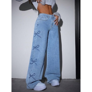 Jeans de Cintura Alta y Pierna Ancha para Mujer, Diseño con Lazo Estampado, Pantalones Vaqueros Casuales a la Moda - Product Image 2