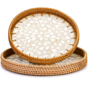 Nouveaux arrivages : ensemble de plateaux en nacre et en rotin, qualité supérieure, parfait pour une table de réception royale, objet décoratif. - Product Image 3