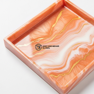 Plateau en résine marbrée pêche fait main – Plateau rond brillant pour vanité et présentation avec détails dorés - Product Image 5