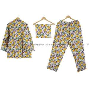 Ensemble de pyjama en coton 100% fait main en Inde, imprimé floral, pantalon ultra-confortable et chemise, tenue de nuit unisexe, shorts pour la maison, vêtements de nuit d'été - Product Image 4